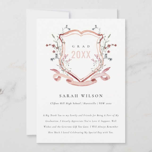 Carte De Remerciements Pink Blush Fleur sauvage Aquarelle Crest Graduatio (Devant)