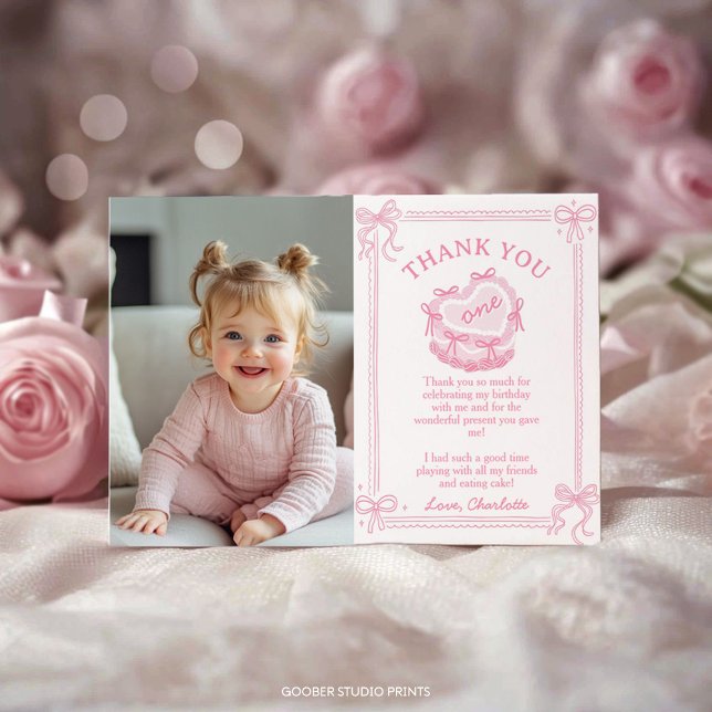 Carte De Remerciements Pink Bow Cake Anniversaire Photo (Créateur téléchargé)