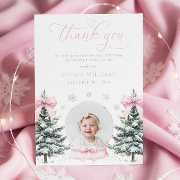 Carte De Remerciements Pink Bow Winter Onederland First Birthday