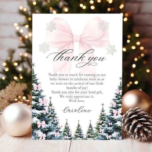 Carte De Remerciements Pink Bow Winter Trees Baby Shower Thank You Card (Créateur téléchargé)