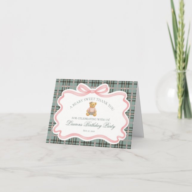 Carte De Remerciements Pink Coquette Bow Bear Birthday Thank You Card  (Devant)