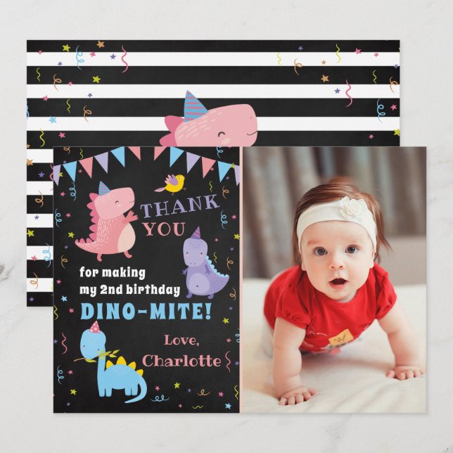 Carte De Remerciements Pink Dinosaur Chalkboard Girls Dino Party Photo (Devant / Derrière)