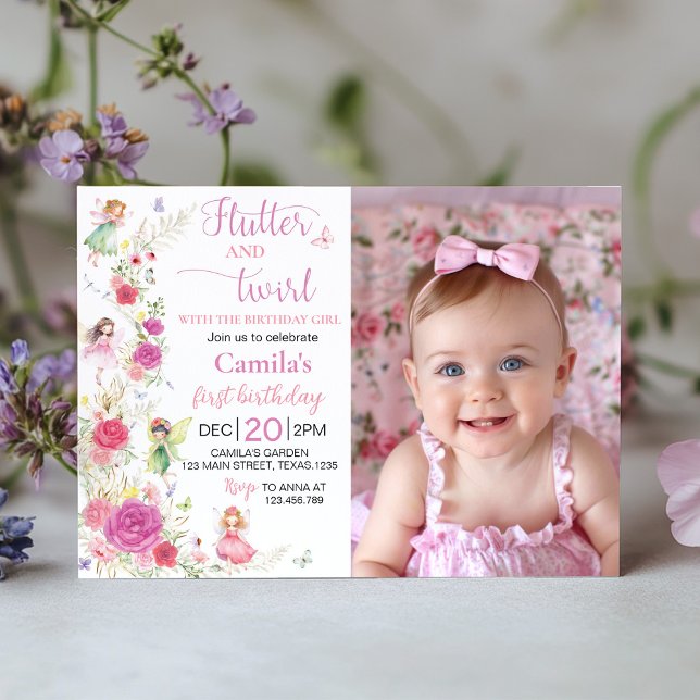 Carte De Remerciements Pink Floral Fairy 1er Anniversaire Photo Invitatio (Créateur téléchargé)