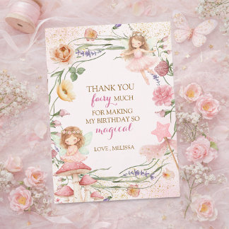 Carte De Remerciements Pink Floral Magical Fairy Garden Girl Birthday   