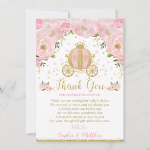Carte De Remerciements Pink Floral Princess Baby shower transport Citroui
