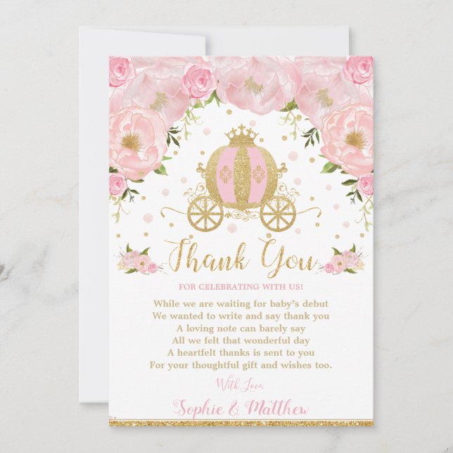 Carte De Remerciements Pink Floral Princess Baby shower transport Citroui (Devant)