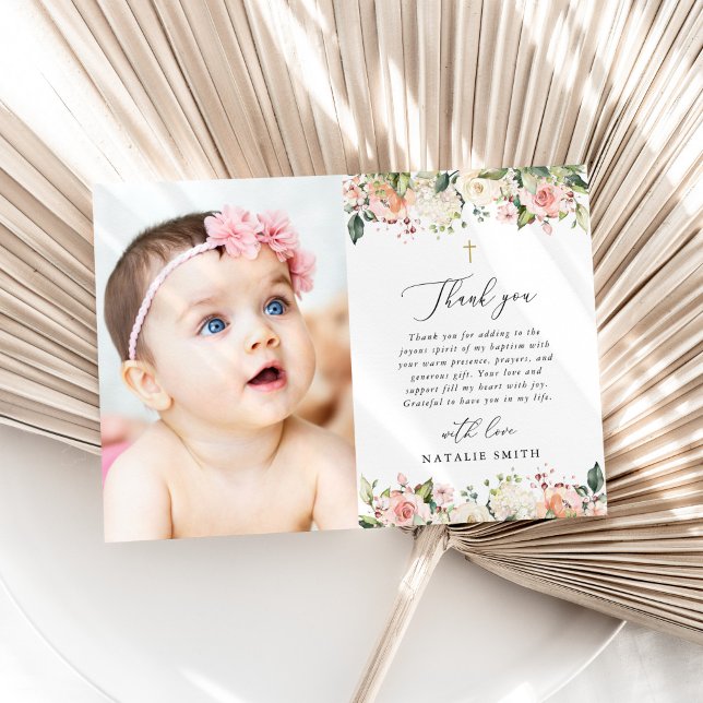 Carte De Remerciements Pink Flowers, White Flowers, Boho, Floral Baptism (Créateur téléchargé)