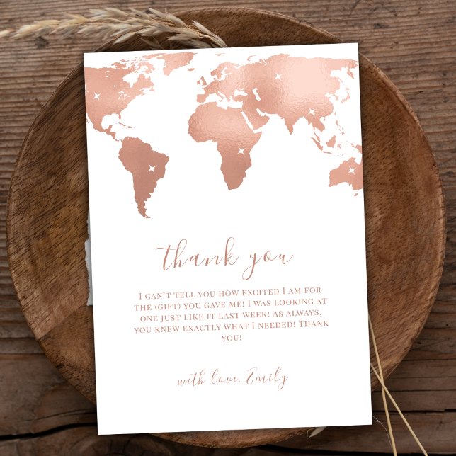 Carte De Remerciements Pink Gold World Map Voyage Baby shower d'aventure (Pink Gold World Map Travel Adventure Baby Shower Thank You Card)