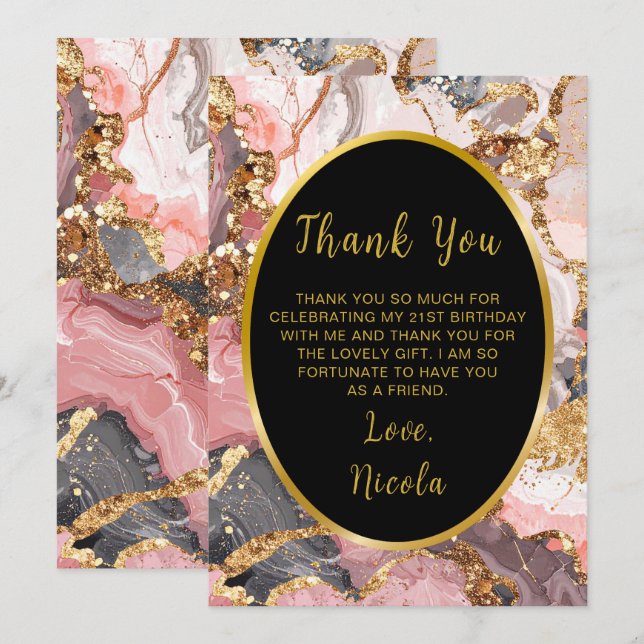 Carte De Remerciements Pink, Gray and Gold Marble Agate Birthday Party (Devant / Derrière)