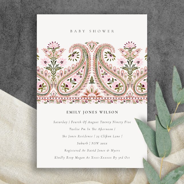 Carte De Remerciements Pink Green Floral Paisley Motif Baby shower Invita (Créateur téléchargé)