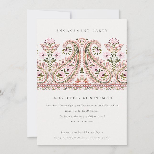 Carte De Remerciements Pink Green Floral Paisley Motif Fiançailles Invita (Devant)