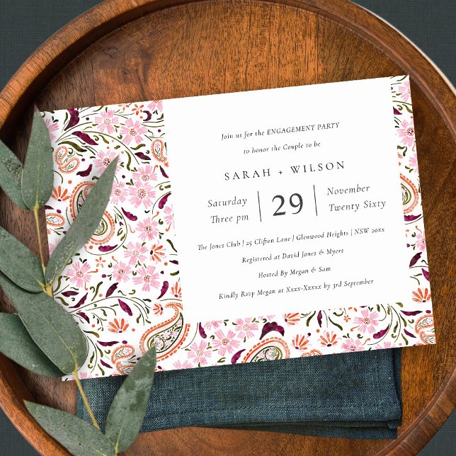 Carte De Remerciements Pink Green Floral Paisley Motif Fiançailles Invita (Créateur téléchargé)