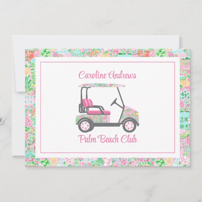 Carte De Remerciements Pink & Green Palm Beach Golf Cart Personalized (Devant)