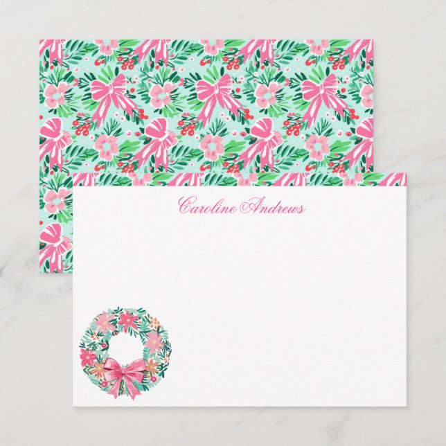 Carte De Remerciements Pink & Green Palm Beach Wreath Preppy (Devant / Derrière)