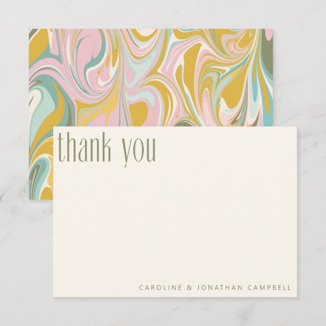 Carte De Remerciements Pink Green Pastel Marbre Abstrait Mariage personna (Devant / Derrière)