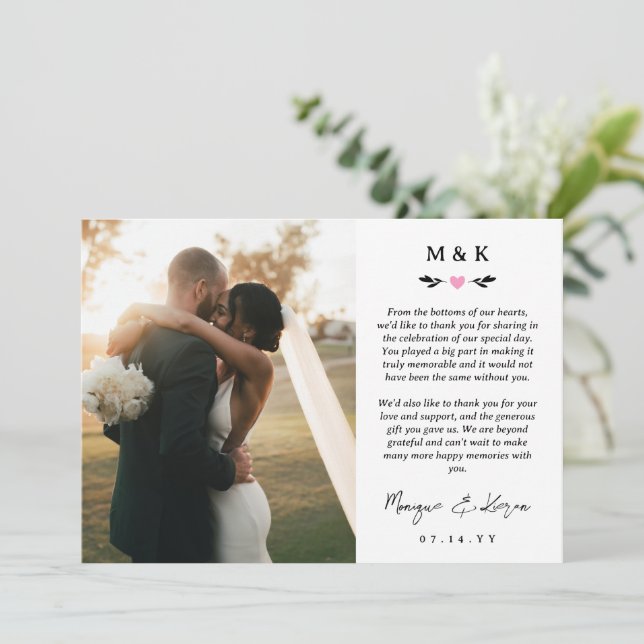 Carte De Remerciements Pink Heart Greenery Mariage de message imprimé (Debout devant)