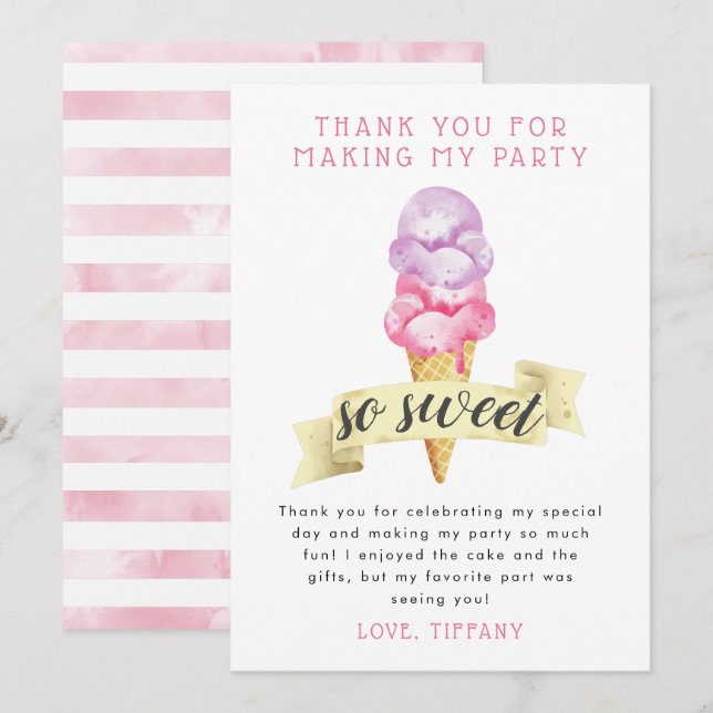 Carte De Remerciements Pink Ice Cream Girl Anniversaire (Devant / Derrière)