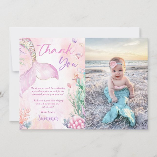 Carte De Remerciements Pink Mermaid 1st Birthday Oneder The Sea Photo (Devant)