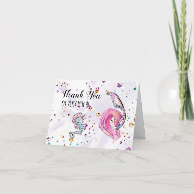 Carte De Remerciements *** Pink Mermaid Sea Horse Baby Shower Thank (Devant)