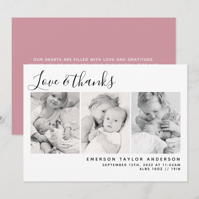 Carte De Remerciements Pink Modern Trois Photos Nouveau bébé (Devant / Derrière)