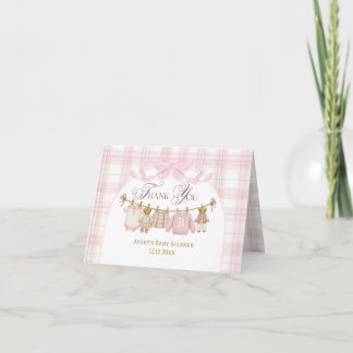 Carte De Remerciements Pink Preppy Teddy Bear Girl Baby Shower Plaid Bow