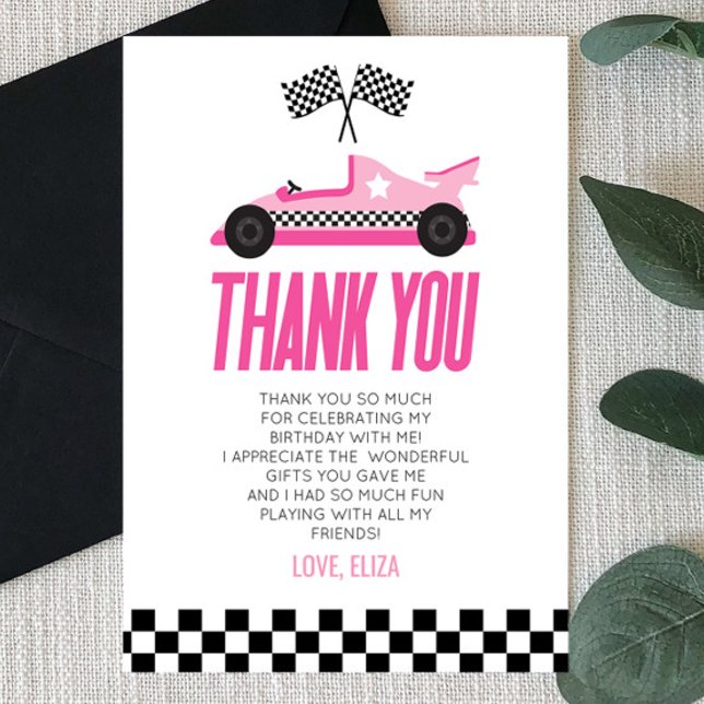 Carte De Remerciements Pink Racecar Race Car fête d'anniversaire (Créateur téléchargé)