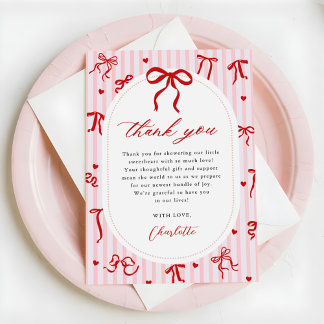 Carte De Remerciements Pink Red Coquette Bow Valentine Baby Shower