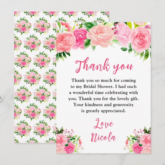 Carte De Remerciements Pink Roses with Foliage Bridal Shower (Devant / Derrière)
