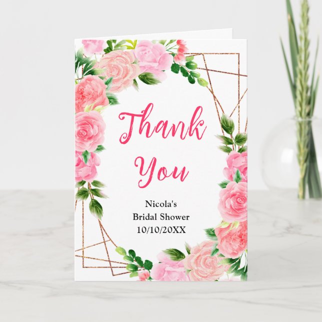 Carte De Remerciements Pink Roses with Foliage Bridal Shower (Devant)