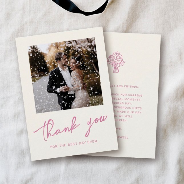 Carte De Remerciements Pink Script dessiné à la main photo Mariage tendan (Créateur téléchargé)