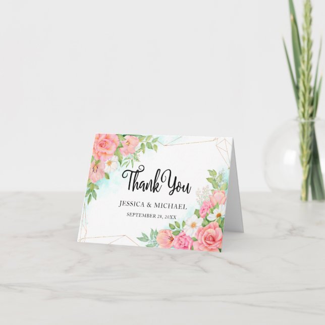 Carte De Remerciements Pink Turquoise Ombre Floral Bouquet Rose Mariage (Devant)