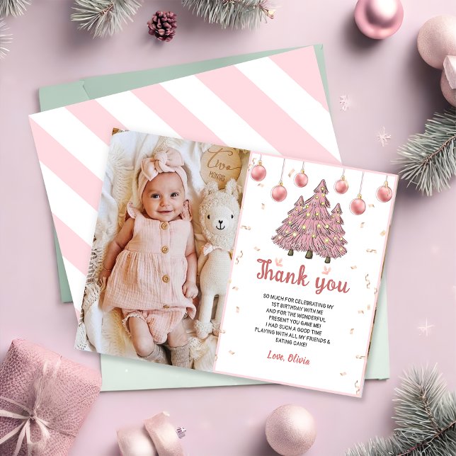 Carte De Remerciements Pink Winter Christmas Tree Photo Anniversaire (Créateur téléchargé)
