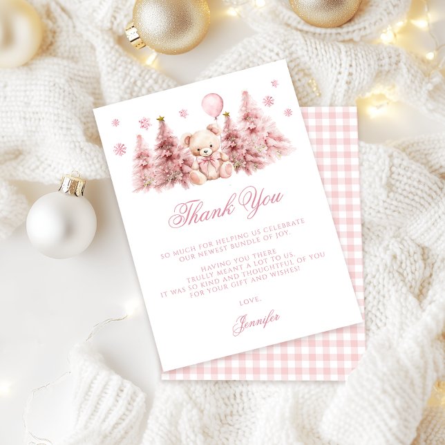 Carte De Remerciements Pink Winter Teddy Bear Bow Baby Girl Shower (Créateur téléchargé)
