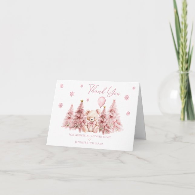 Carte De Remerciements Pink Winter Teddy Ours Bow Baby Girl Douche (Devant)