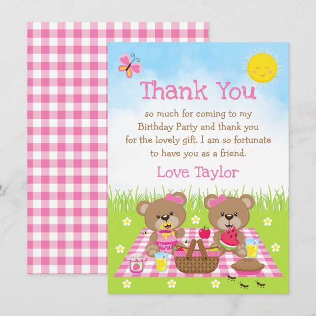 Carte De Remerciements Pique-nique nounours Anniversaire Rose En vichy (Devant / Derrière)