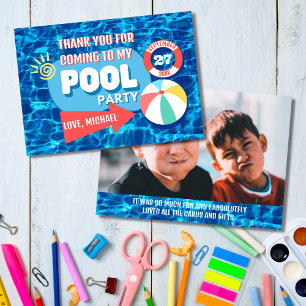 Carte De Remerciements Piscine d'été Fête Tropicale Anniversaire Bleu