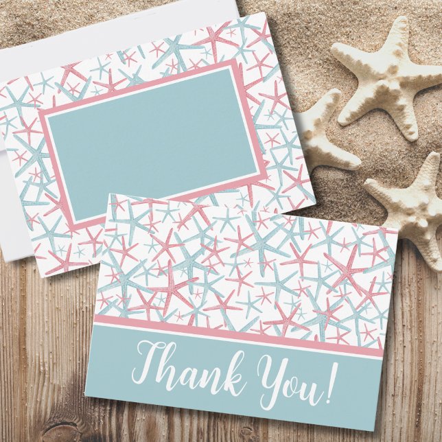 Carte De Remerciements Plage aquarelle côtière (Cute Typography Coastal Watercolor Starfish Beach Thank You Card)