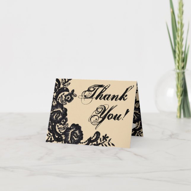 Carte de remerciements plié noir dentelle Damask A (Devant)