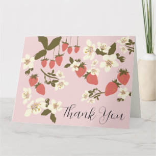 Carte de remerciements pliée aux fraises roses