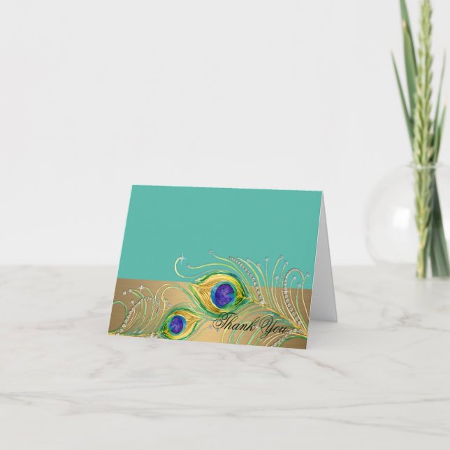 Carte De Remerciements Plumes de paon moderne Faux Jewel Scroll Swirl (Devant)