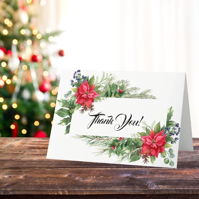 Carte De Remerciements Poinsettia de Noël rouge et vert (Festive gratitude! Christmas Baby Shower Thank You Card with poinsettias and greenery.)