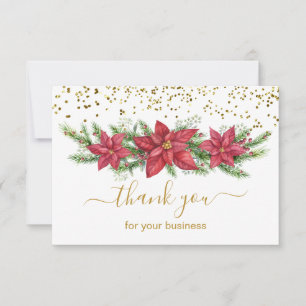 Carte De Remerciements Poinsettia, pin, confetti d'or Noël d'affaires