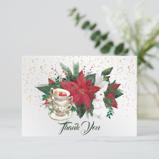 Carte De Remerciements Poinsettia Teacups Noël lapin (Debout devant)