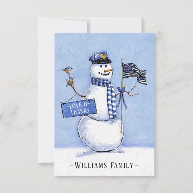 Carte De Remerciements Police Ligne Bleue Mince Drapeau Snowman Holiday (Devant)