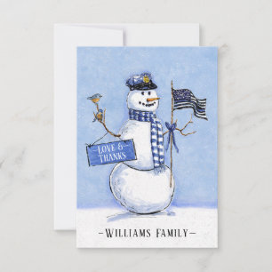 Carte De Remerciements Police Ligne Bleue Mince Drapeau Snowman Holiday