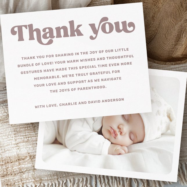 Carte De Remerciements Police rétro nouvelle photo bébé (Retro font new baby baptism photo thank you card)