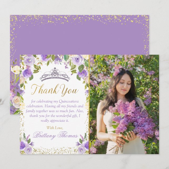 Carte De Remerciements Pomme florale étincelle or Quinceanera Photo (Devant / Derrière)