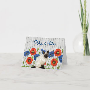 Carte De Remerciements Poppies rouges et bleues avec chat siamois