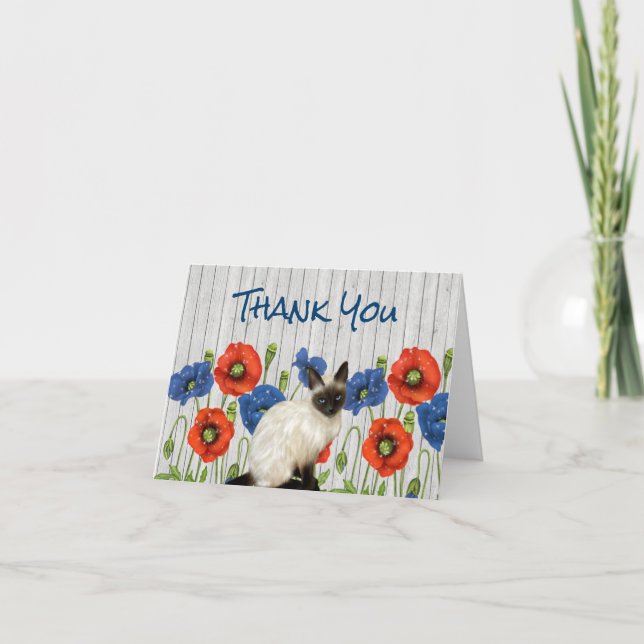 Carte De Remerciements Poppies rouges et bleues avec chat siamois (Devant)