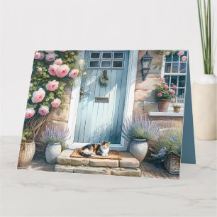 Carte De Remerciements Porche florale de Cottagecore avec Calico Cat